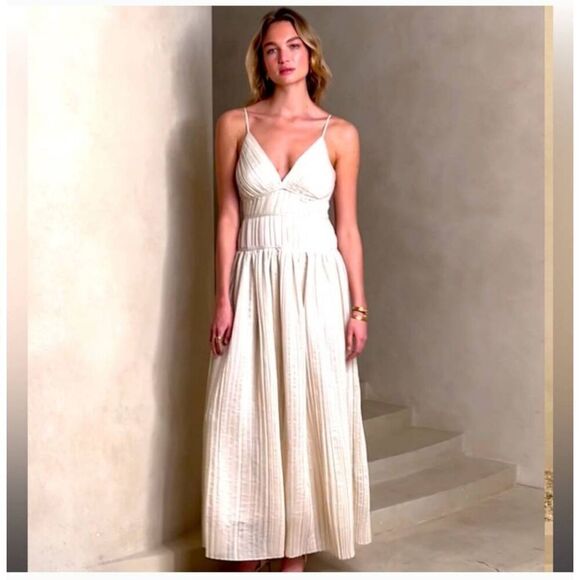 Banana Republic JACQUI Pleated Maxi Dress in Ivory, Spaghetti Strap, 14, NWOT - Picture 2 of 11